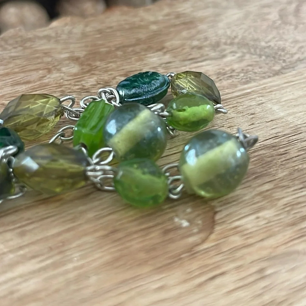 Beaded long necklace glass green silver link chain boho casual - Picture 8 of 11